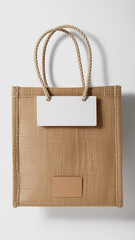 Minimalist product photo of a natural burlap shopping bag with rope handles and tags on white background

