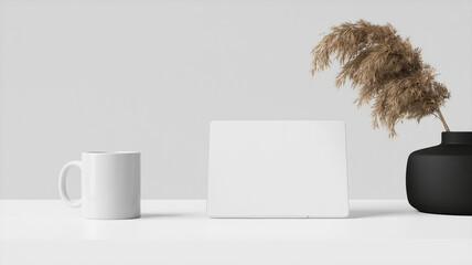 Minimalist Scandinavian still life with white mug, tablet, and black vase holding pampas grass on white surface

