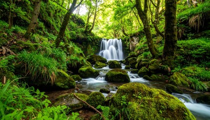 Obraz premium Lush Forest Waterfall Stream. (1)