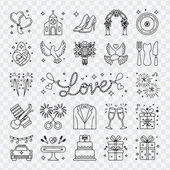 Hand Drawn Marriage Icons Set. Wedding elements collection. Wedding, bride, love, celebration. Timeline menu on wedding theme. Vector wedding illustrations