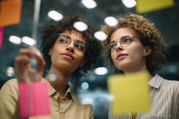 Obraz premium co-workers having a brainstorm with adhesive notes on glass wall