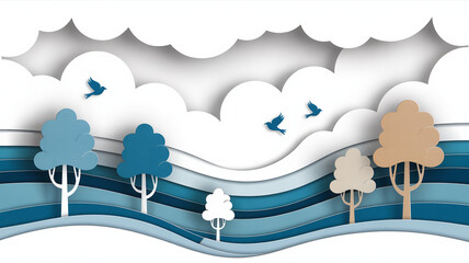 Minimalist layered paper art landscape with trees, birds, and abstract terrain in blue and beige tones

