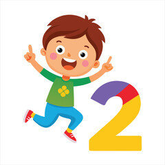 Happy Cartoon Boy with Colorful Number Two Vector