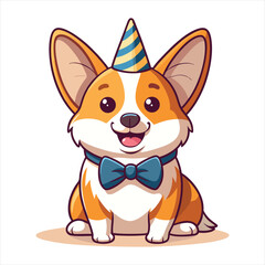 Cute Corgi Dog with Party Hat and Bow Tie Vector