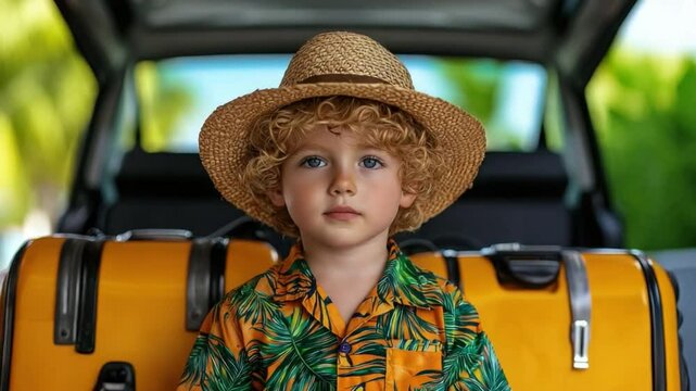 Happy child with curly hair wearing straw hat and tropical shirt sitting next to bright yellow suitcases in summer vacation setting 4k video footage