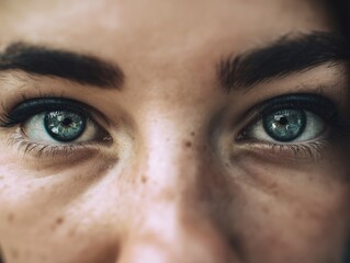 Fototapeta premium Bright blue and green hues of the irises dominate the scene, capturing attention with reflections and speckles. The softness of the skin adds depth to the striking eyes staring directly forward