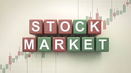 cinematic 3d render of a plain white background with the word "stock market" written in cube boxes. Candlestick pattern in the background