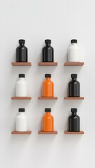 Minimalist product photography of nine glass bottles in black, white, and orange arranged in a 3x3 grid on wooden shelves with white background

