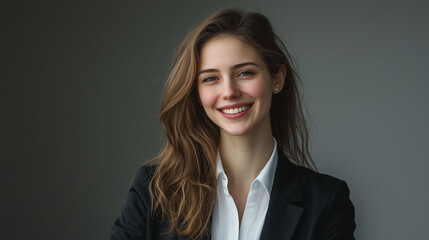 Happy young businesswoman smiling confidently in blazer, professional portrait. Success, ambition, and modern elegance in the workplace