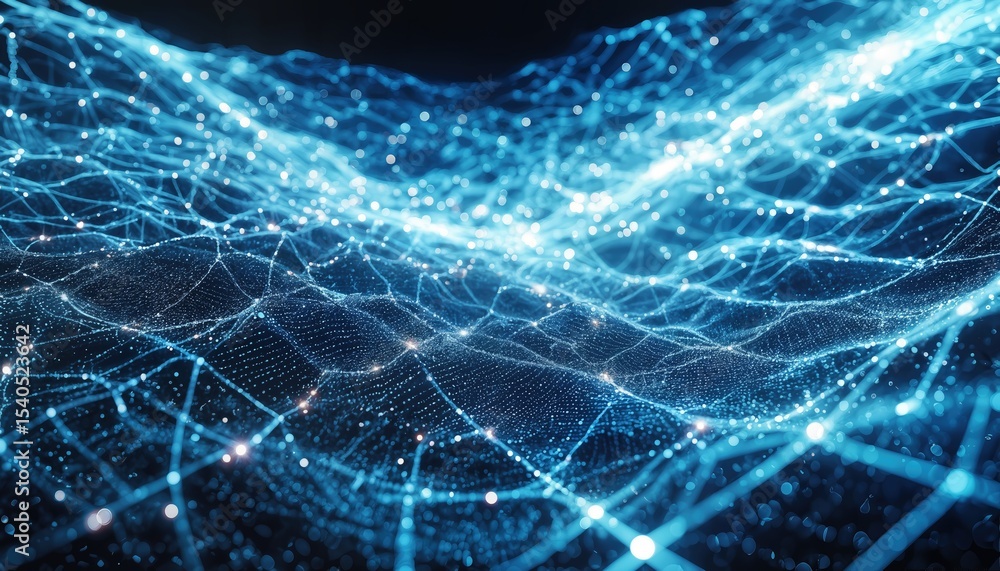 Poster a vibrant and intricate network of glowing blue particles and lines creates a futuristic and abstrac