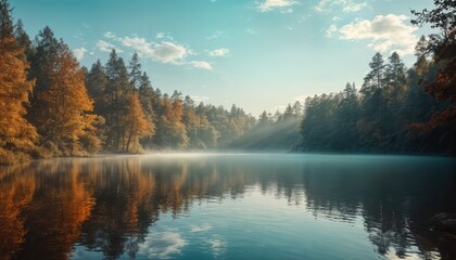 Fototapeta premium a serene autumn lake reflects the colorful forest and soft sunlight under a clear blue sky with wisps of mist.