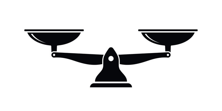 Print Vector illustration of a traditional balance scale in black silhouette style, showing equal weight. Represents fairness, justice, equality, and accurate comparison in legal or business contexts.