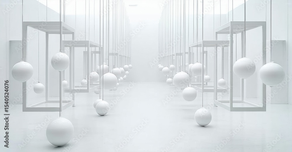 Aufkleber Minimalist space features suspended spheres within cubic frames. Foggy atmosphere creates infinite perspective, emphasizing geometry.