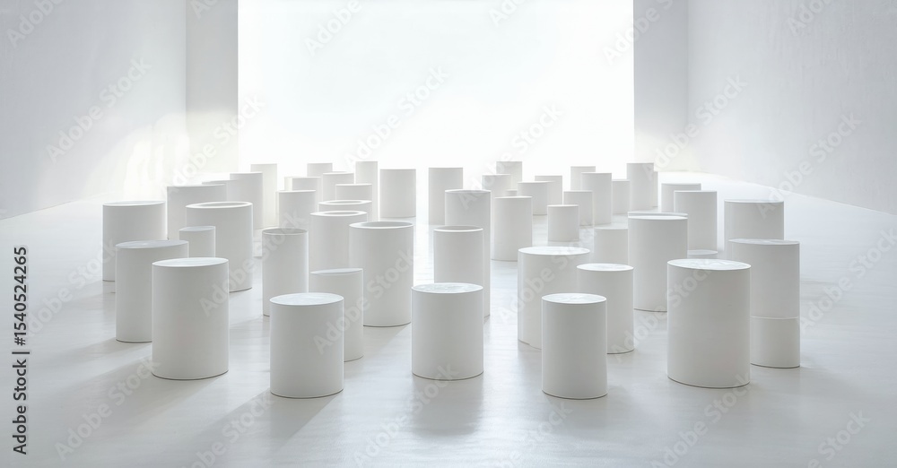 Poster minimalist installation. white cylinders populate spacious room. bright light creates soft shadows, 
