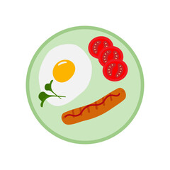 Fried Egg with Microgreen leaves Tomato slices and Grill Sausage with Ketchup stripe on Round Plate