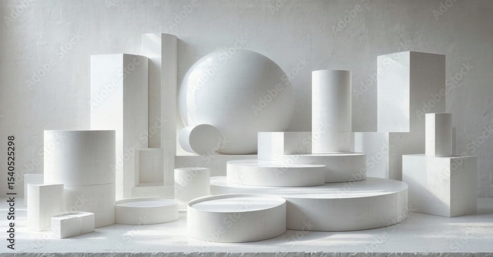 Poster Minimalist composition. White geometric shapes create abstract scene. Soft lighting, clean lines, modern aesthetic. Simple forms dominate space.