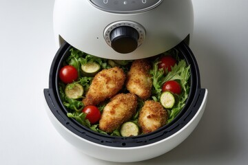Compact Air Fryer Cooking Fish Fillet and Vegetables for Healthy Eating and Quick Meal Prep