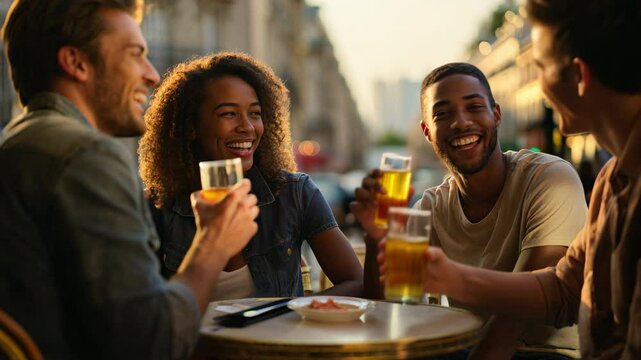 Group of young friends laughing and enjoying drinks together at a caf&eacute; terrace during golden hour in a lively city street. Generative AI
