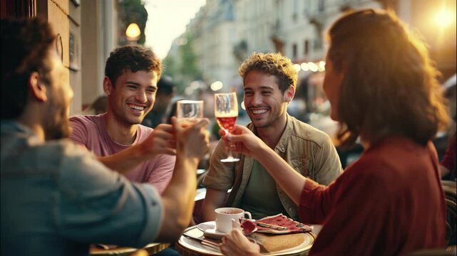 Group of cheerful friends toasting with drinks at an outdoor caf&eacute; in Paris during golden hour, joyful and relaxed atmosphere. Generative AI