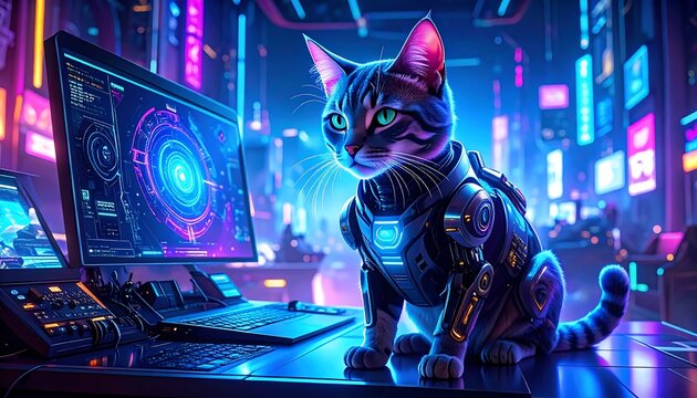 Cyberpunk Cat in Neon City. - Powered by Adobe
