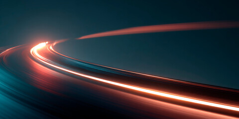Futuristic curved light trail glowing in red and orange tones over a dark abstract background with a sense of speed and motion