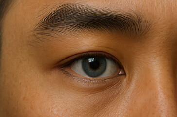 Macro photograph of a human eye with clear iris structure, visible skin pores, and defined eyebrow shape. 