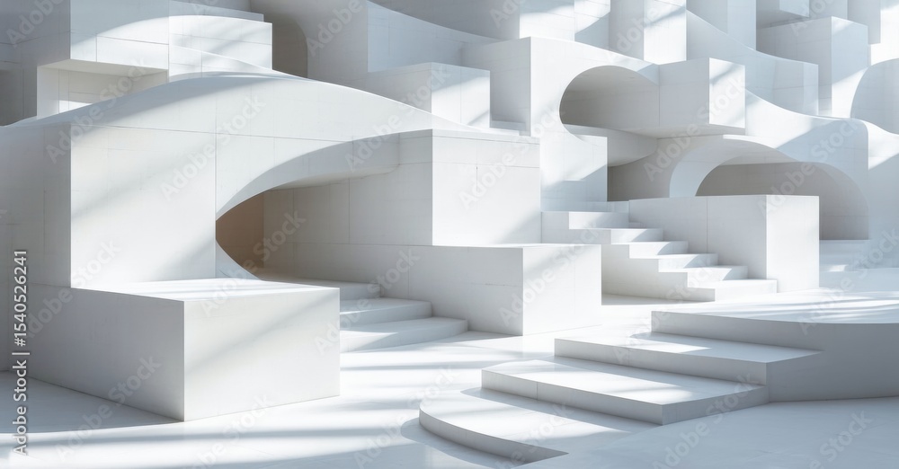 Poster abstract white architecture. complex geometric shapes, stairs, arches create surreal space. soft lig
