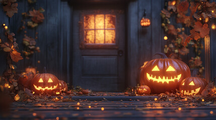 Obraz premium cozy Halloween scene with glowing pumpkins and autumn leaves on porch