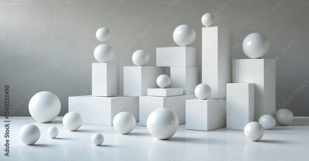 Poster white spheres rest upon, around, between white cuboid structures. minimalist composition, soft light