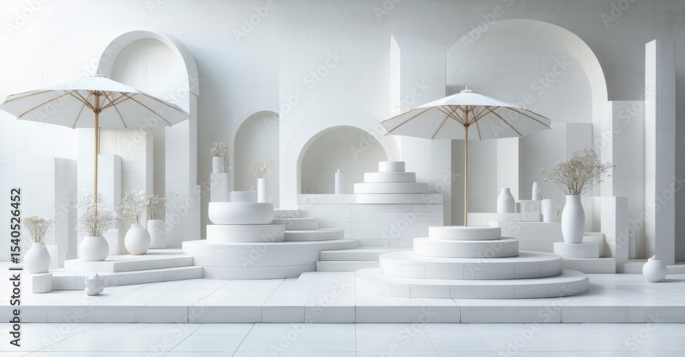 Poster minimalist scene. white structures, umbrellas, vases with flowers create serene, symmetrical composi