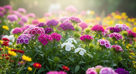 Obraz premium Colorful Sweet William Flower Garden in Spring Morning Light