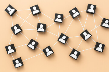 Illustration representing social media networking, teamwork, and data sharing between connected individuals. 