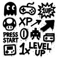 Retro Arcade Game Icons – Spray Paint Style Symbols with Transparent PNG Background © FriskySloths