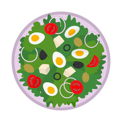 Salad with Hard Boiled Eggs Olives Cheese Cubes Tomato slices and green Leaves on a lavender plate