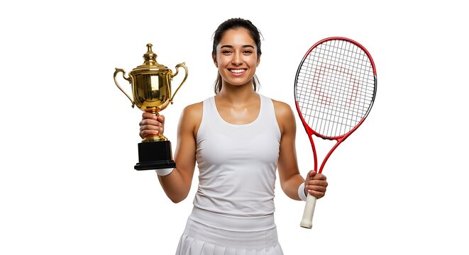 Happy female tennis player celebrating victory with trophy and racket - Powered by Adobe