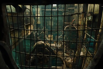 A high-angle view taken from within a metal grate, where the grid distorts the perspective of the plant below, creating a fragmented, almost cubist visual of the industrial setting. 