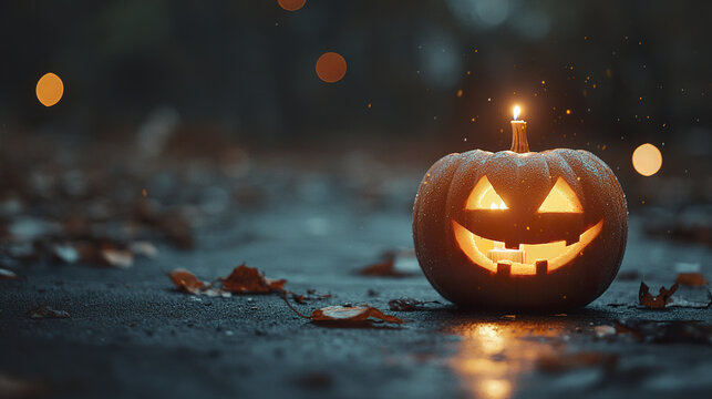 glowing pumpkin with cheerful face sits on wet surface, surrounded by autumn leaves
