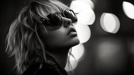 Fototapeta premium Rocker girl in sunglasses, intense half-profile portrait with dramatic lighting, exuding bold confidence and urban edge
