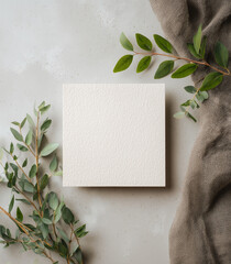  white card mockup with blank space for text, flat lay, soft gray background, with some green leaves and cloth in the background, minimalist style
