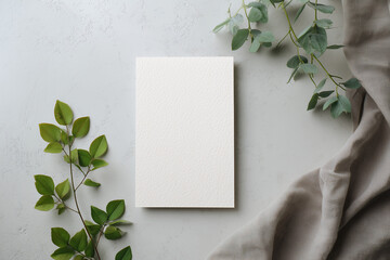  white card mockup with blank space for text, flat lay, soft gray background, with some green leaves and cloth in the background, minimalist style