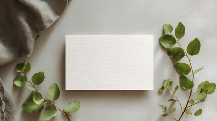  white card mockup with blank space for text, flat lay, soft gray background, with some green leaves and cloth in the background, minimalist style