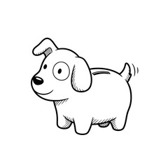 A simple and cute sketch of a dog-shaped piggy bank. The dog has floppy ears, a wagging tail, a cheerful expression and a coin slot on its back.