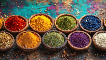a vibrant assortment of colorful spices and seeds displayed in small wooden bowls on a textured surface with scattered star anise.
