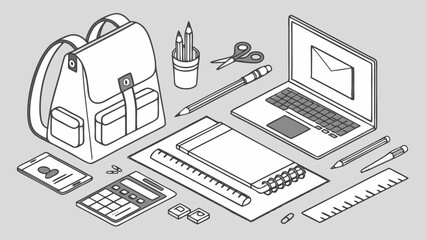Ready for School An Organized Desk with Essential Supplies Awaits Featuring a Laptop Backpack and Notebook in Isometric