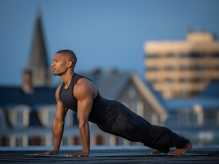 Fototapeta premium Male yoga practitioner in a strong plank pose on a rooftop at sunset, showcasing strength and balance against a blurred city skyline background