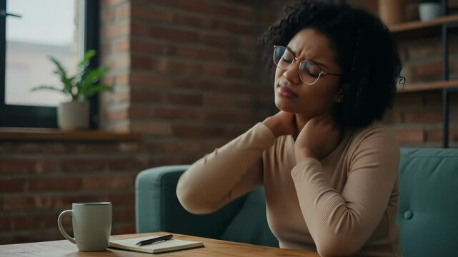 Woman with Neck Pain: Office Strain Relief, Posture Correction, Health & Wellness Tips (Neck Ache, Sore Muscles, Ergonomics)