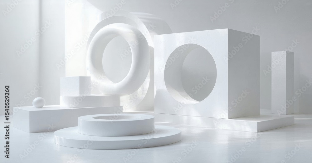 Poster minimalist scene. white geometric shapes create abstract composition. soft lighting, clean lines, mo