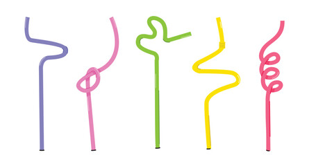 cute straw set in various colors, summer plastic utensils, drink accessories, flat illustration of discarded and destroyed filters
