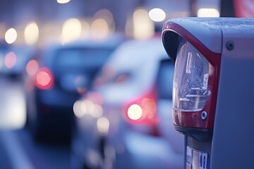 A close up view of a malfunctioning parking meter with blurred parked cars in the background 