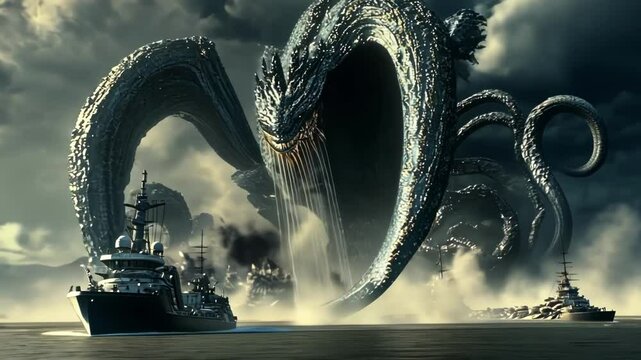 A colossal sea serpent emerges amidst stormy seas and ships.